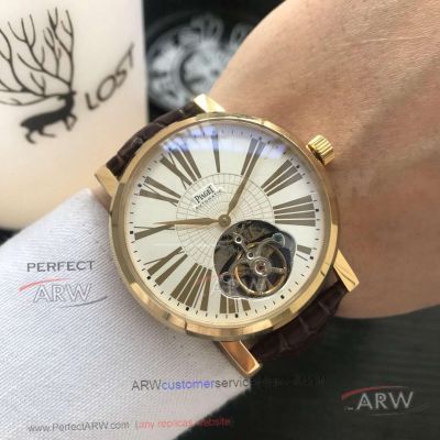 Perfect Replica Piaget Tourbillon White Dial Yellow Gold Case Watch